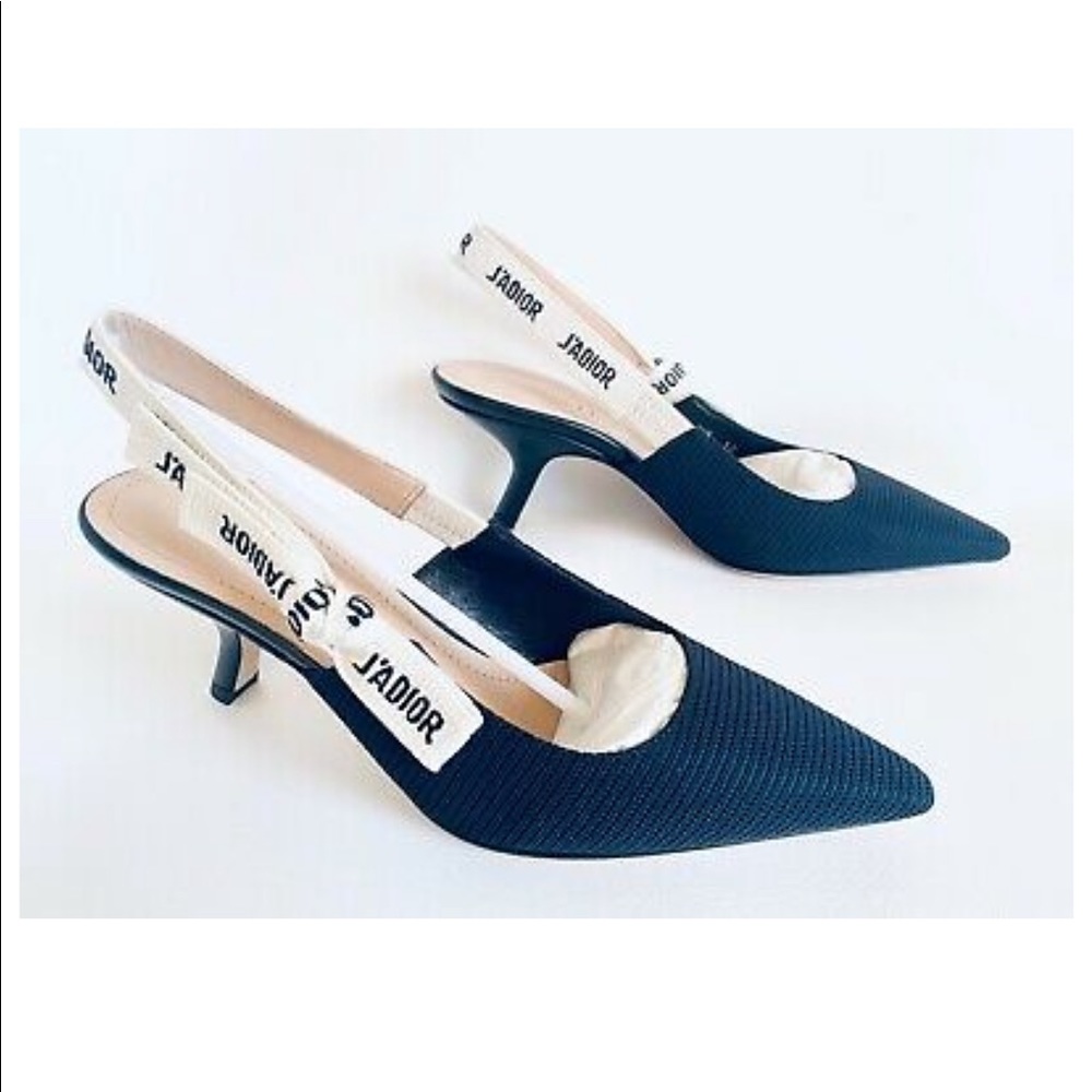 Dior Navy Blue and White J'Adior Slingback Kitten Heels
